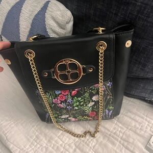 Black and Gold Structured Shoulder Bag with Floral Accent